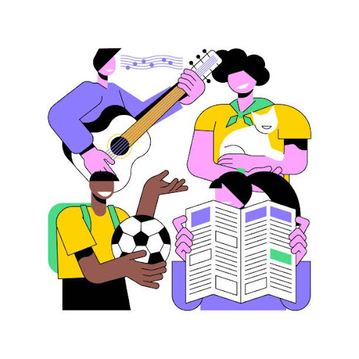4 kids doing different activities like playing guitar,cuddking cat,holding a ball,reading